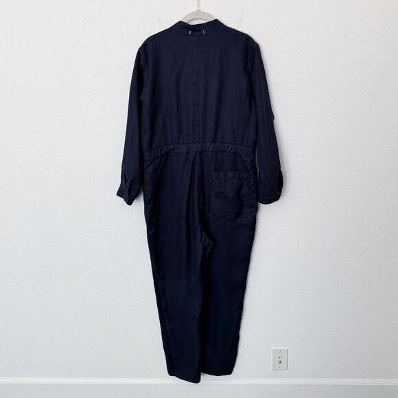[Alex Mill] Navy Blue 100% Linen Logan Straight Leg Tie Waist Jumpsuit Sz Large - Picture 3 of 11